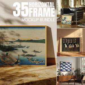 Könnte beinhalten: Ein Mockup-Bundle mit 35 horizontalen Rahmen. Das Bild zeigt gerahmte Kunstdrucke mit verschiedenen Designs, darunter eine Landschaft mit Booten, eine Welle und Kraniche. Die Rahmen haben eine goldene Oberfläche, und die Szene spielt in einem gut beleuchteten Innenraum.