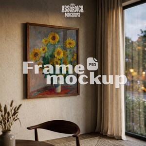 May include: A square wooden frame containing a painting of yellow sunflowers in a vase on a red patterned tablecloth. The text ABSURDICA MOCKUPS appears at the top, and the text Frame mockup is centered over the artwork in white letters.