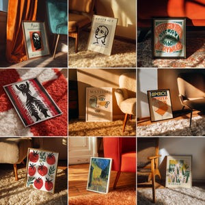 K&ouml;nnte beinhalten: Sammlung gerahmter Kunstdrucke mit verschiedenen Designs. Enth&auml;lt ein Portr&auml;t, ein abstraktes Gesicht, ein Konzertplakat und ein Stillleben mit Tomaten. Die Drucke werden auf einem Teppich und an einer Wand ausgestellt und zeigen eine Vielzahl von Kunststilen und -themen.