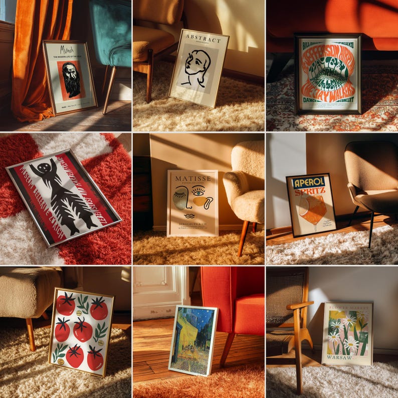 K&ouml;nnte beinhalten: Sammlung gerahmter Kunstdrucke mit verschiedenen Designs. Enth&auml;lt ein Portr&auml;t, ein abstraktes Gesicht, ein Konzertplakat und ein Stillleben mit Tomaten. Die Drucke werden auf einem Teppich und an einer Wand ausgestellt und zeigen eine Vielzahl von Kunststilen und -themen.