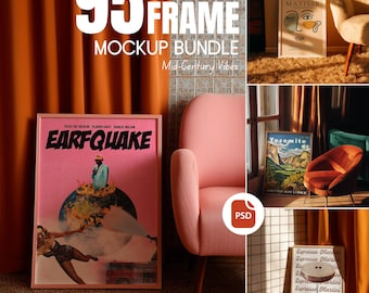 95 Vintage Frame Mockup Bundle | Mid Century Modern Poster Mockups | Retro Wall Art PSD Templates | Smart Object Interior Mockups for Prints