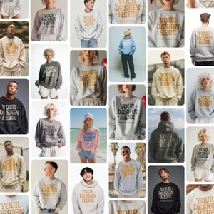 May include: A collage of various sweatshirts and hoodies in different colors, each featuring the text "YOUR DESIGN HERE" in a contrasting color. The garments are modeled by diverse individuals, showcasing the design on various styles.