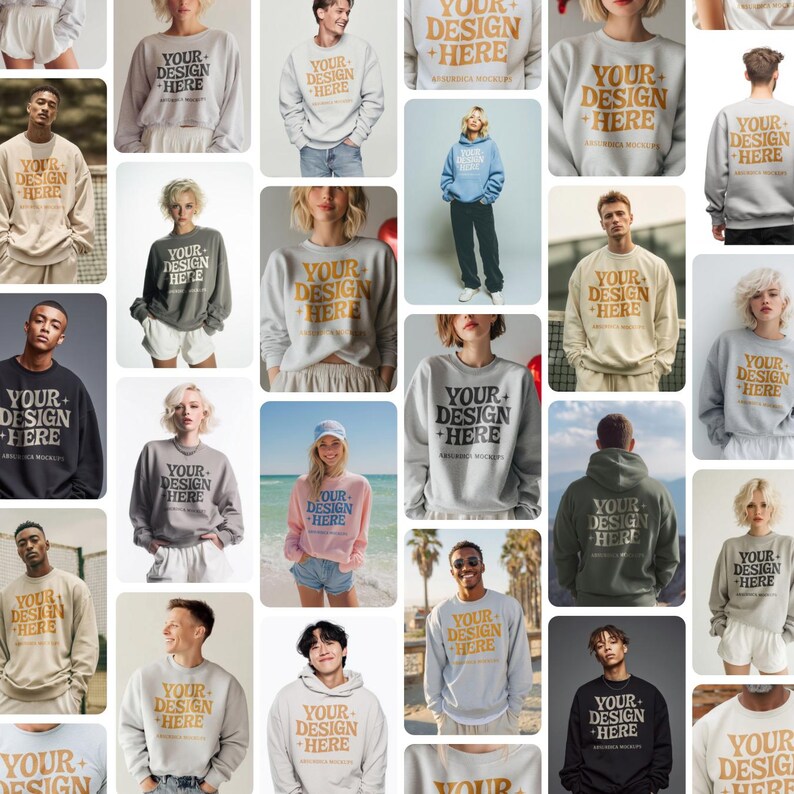May include: A collage of various sweatshirts and hoodies in different colors, each featuring the text "YOUR DESIGN HERE" in a contrasting color. The garments are modeled by diverse individuals, showcasing the design on various styles.