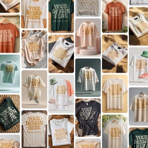 May include: A collection of t-shirts in various colors, each featuring the text "YOUR DESIGN HERE" in a gold font. The shirts are displayed on hangers, folded, or laid flat, showcasing different design mockups for apparel.