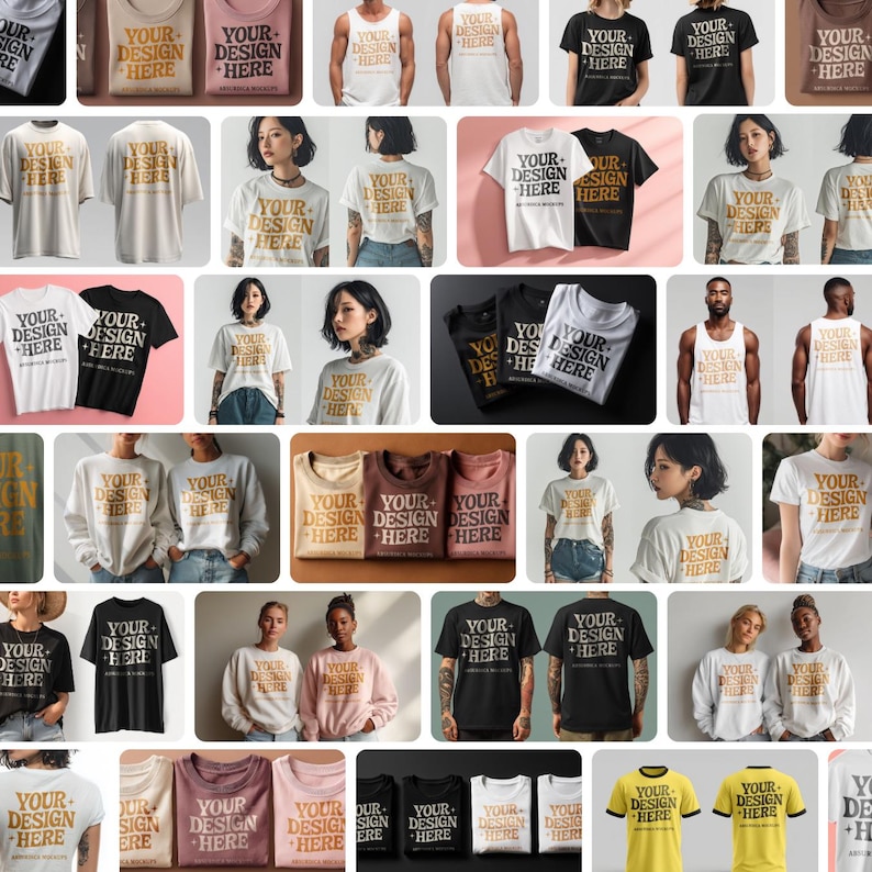May include: Collection of t-shirts and sweatshirts in various colors, each featuring the text "YOUR DESIGN HERE" in a bold font. The shirts are displayed on models and folded, showcasing the design on the front and back.