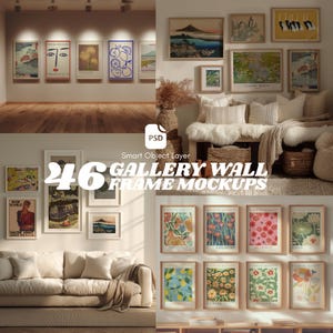 May include: A gallery wall mockup featuring 46 framed art prints. The prints showcase various styles, including botanical illustrations, abstract faces, and landscape paintings. The text "46 GALLERY WALL FRAME MOCKUPS" is visible.
