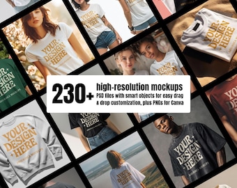 230+ T-shirt- en sweatshirtmodellen | Mockupbundel lifestylekleding | PSD PNG-mockups met slimme objecten voor Photoshop Canva | Hoge resolutie 300 dpi