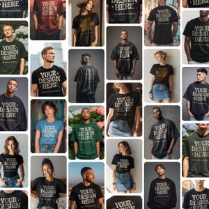 May include: A collage of people wearing various t-shirts. Each shirt features the text "YOUR DESIGN HERE" in a bold, sans-serif font. The shirts are in various colors, including black, green, and blue. The image is a mockup.