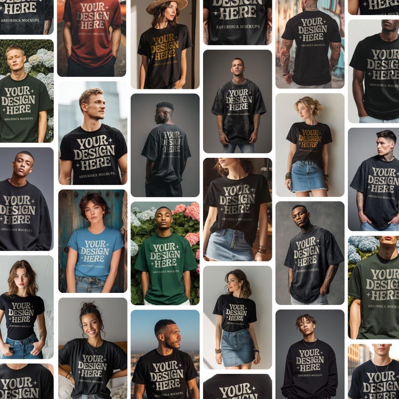 May include: A collage of people wearing various t-shirts. Each shirt features the text "YOUR DESIGN HERE" in a bold, sans-serif font. The shirts are in various colors, including black, green, and blue. The image is a mockup.