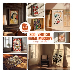 300+ vertikala rammodeller | PSD Smart Object-paket | Postermodeller för väggkonst, tryck, digitalt konstverk, canvas och fotografi