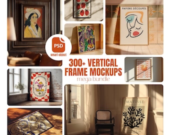 May include: A collection of framed art mockups, showcasing various styles and sizes. The image includes a variety of framed art pieces, including a portrait, still life, and abstract designs. The text "300+ VERTICAL FRAME MOCKUPS mega bundle" is also visible.