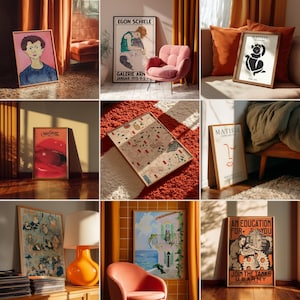 K&ouml;nnte beinhalten: Eine Sammlung gerahmter Kunstdrucke mit verschiedenen Stilen und Motiven. Die Drucke umfassen Portr&auml;ts, abstrakte Designs und Vintage-Poster. Die Rahmen sind aus Holz und die Drucke werden in einem gut beleuchteten Raum mit warmer Farbpalette ausgestellt.