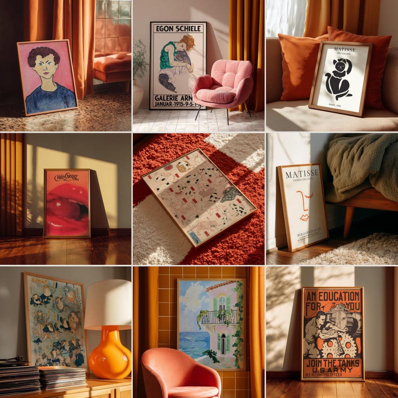 K&ouml;nnte beinhalten: Eine Sammlung gerahmter Kunstdrucke mit verschiedenen Stilen und Motiven. Die Drucke umfassen Portr&auml;ts, abstrakte Designs und Vintage-Poster. Die Rahmen sind aus Holz und die Drucke werden in einem gut beleuchteten Raum mit warmer Farbpalette ausgestellt.