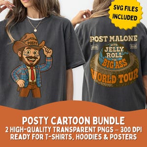 Paquete de dibujos animados de vaquero de Post Malone y Big Ass World Tour PNG y SVG / Diseño divertido de merchandising de la gira de Post Malone / Arte de camisetas de conciertos / Colaboración con Jelly Roll