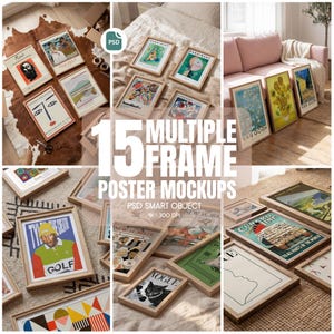 Puede incluir: Una colección de impresiones artísticas enmarcadas, incluyendo carteles e ilustraciones vintage, dispuestas en varios entornos. Los marcos tienen un acabado de madera natural. La imagen incluye el texto "15 MULTIPLE FRAME POSTER MOCKUPS".
