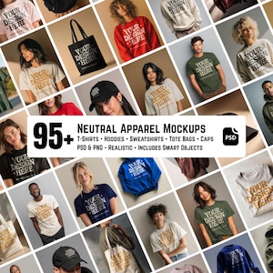 Paket med mockups för neutrala kläder | T-shirts, hoodies, kepsar (PSD och PNG)