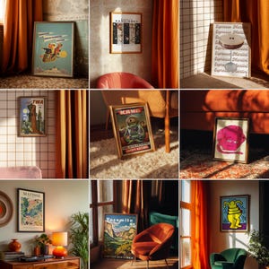 K&ouml;nnte beinhalten: Eine Sammlung gerahmter Kunstdrucke mit Vintage-Reisepostern, abstrakten Designs und Pop-Art. Die Drucke zeigen eine Vielzahl von Stilen und Farben, darunter ein blau-oranges Reiseplakat, ein Kandinsky-Druck und ein rosa Gesicht.