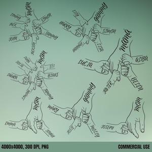 1-7 Mãos Mãe Vovó e Crianças PNG Bundle - Dia das Mães Nome Personalizado Desenho de Mão, Line Art Família Mão Design, Fundo Transparente