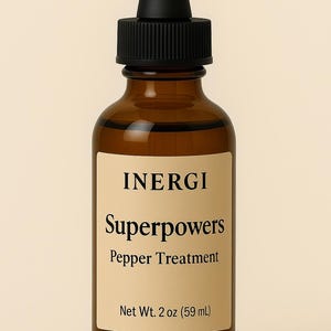 May include: A brown glass bottle with a black dropper top. The label reads "INERGI Superpowers Pepper Treatment" and "Net Wt. 2 oz (59 mL)". The bottle is filled with a light brown liquid.