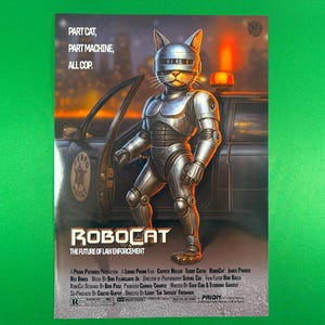 RoboCat A4 Sci-Fi Poster – Signed Glossy Print with Numbered Collector Card | Retro 80s Movie Parody Wall Art | Lootbox Pigeon