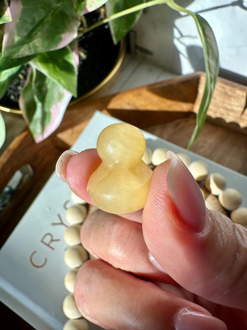 Op de afbeelding: Een kleine, gele eendenfiguur gemaakt van een doorschijnend materiaal. De eend wordt in de hand van een persoon gehouden, met een vage achtergrond van een plant en andere objecten. Het beeldje heeft een gladde, afgeronde vorm.