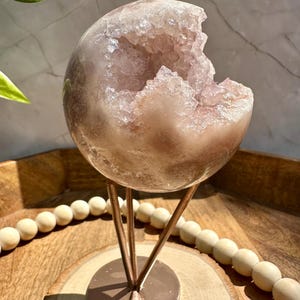 Baby Pink Amethyst with Druzy | Pink Amethyst Spheres | Druzy Crystal | Height with Stand 5.75&quot; Weight: 1.2 lbs