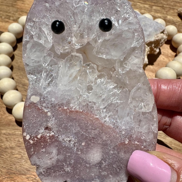 Hand-Carved Pink Amethyst Owl with Druzy - Whimsical Crystal Carving