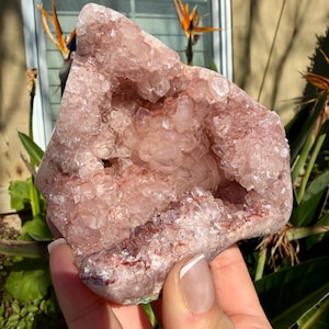 Op de afbeelding: Een grote, ruwe, roze amethistgeode met een kristallijne structuur. De geode heeft een ruwe, natuurlijke buitenkant en een holte gevuld met kleinere kristallen. De kleur varieert van lichtroze tot een diepere rood-paarse tint. De geode wordt in een hand gehouden.