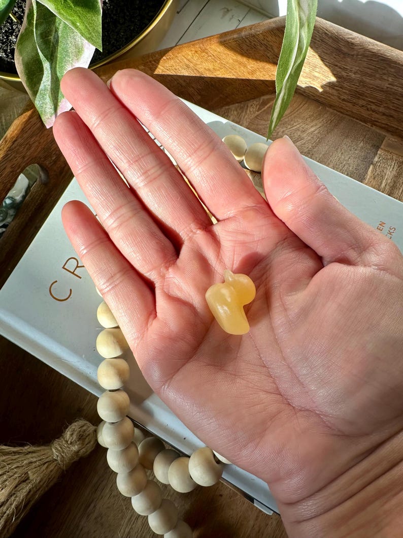 Op de afbeelding: Een kleine, lichtgele kristallen sculptuur in de vorm van een paprika wordt in een open hand gehouden. Het kristal is glad en gepolijst. De achtergrond omvat een houten dienblad, een boek en een streng houten kralen.
