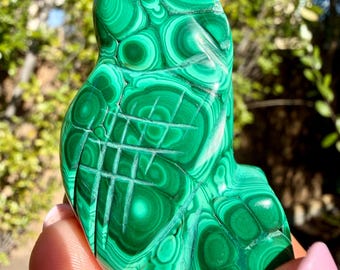 Natural Hand Carved Malachite Owl |  | Abstract Guardian of Wisdom Owl | From the Congo