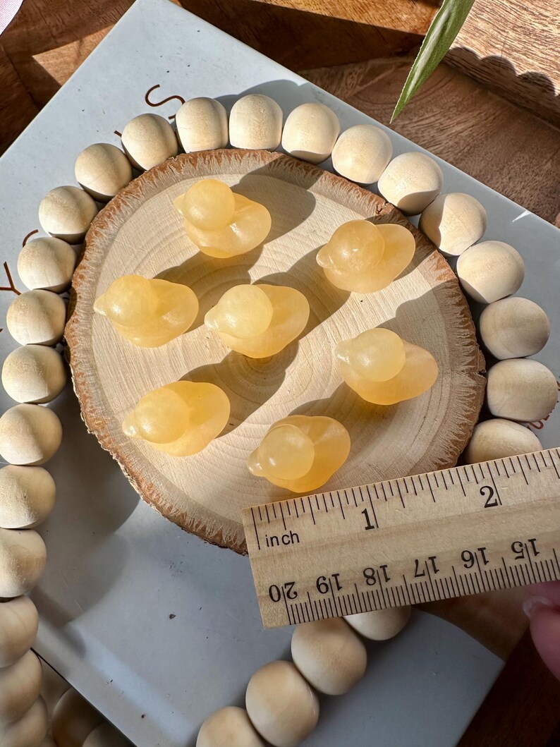 Op de afbeelding: Zes kleine, doorschijnende gele eendenbeeldjes zijn gerangschikt op een houten schijf. Een houten liniaal toont dat de eenden ongeveer 2,5 cm lang zijn. De eenden zijn omgeven door houten kralen.