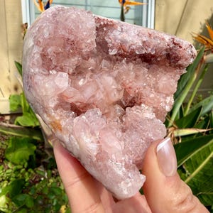 Op de afbeelding: Een grote, roze kristallen geode met een ruw, getextureerd oppervlak. De geode wordt in een hand gehouden en is omgeven door groene bladeren en oranje bloemen. De binnenkant van het kristal is gevuld met kleinere, glinsterende kristallen.