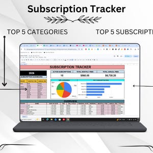 Op de afbeelding: Een digitaal spreadsheet voor abonnementsbeheer weergegeven op een laptopscherm. De interface bevat een dashboard met een cirkeldiagram voor de top 5 categorieën, een staafdiagram voor de top 5 abonnementskosten en een overzichtstabel met kolommen voor naam, aanmelddatum, kosten, factureringscyclus, verlengingsdatum en status.