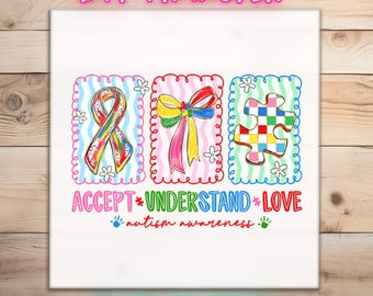 Concienciación sobre el autismo, Listo para imprimir, Acepta, comprende, ama, Lazo colorido, Regalo para maestros, Diseño para mamás