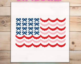 Transfert DTF drapeau américain en fausse dentelle | 4 juillet noeud festonné prêt à presser chemise femme patriotique féminine transfert de chaleur cadeau bricolage USA |