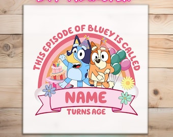 Regalos personalizados de cumpleaños de Disney Bluey, listos para imprimir, diseño de Disneyworld, Bluey y Bingo, cumpleaños familiar