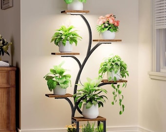 7-Tier Tree Plant Stand with Grow Lights, Metal Wood Rack, Indoor Oasis Display