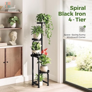 May include: A black, four-tiered, spiral iron plant stand. The stand holds several potted plants with green foliage and red flowers. The text "Spiral Black Iron 4-Tier" is visible in the image, along with "Space-Saving Sunny Windowsill Corner."