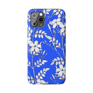 Botanical Slim Phone Case, White Flowers on Blue (Glossy, Lightweight) image 7