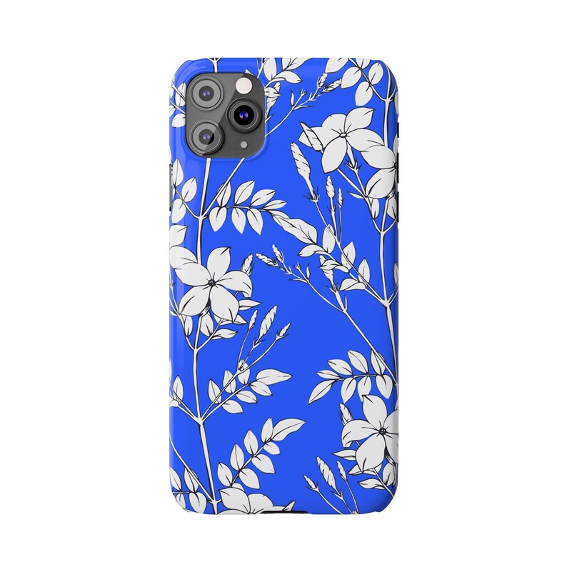Botanical Slim Phone Case, White Flowers on Blue (Glossy, Lightweight) image 11