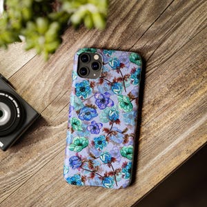 Slim telefoonhoesje met bloemen, blauwgroen waterverf (past op iPhone 14/11) afbeelding 12