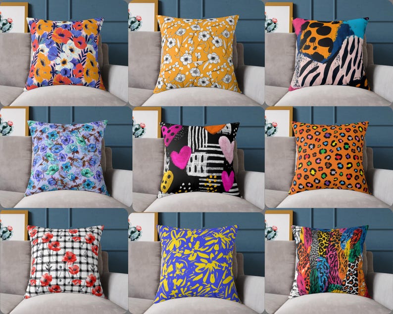 The image is a collage of nine different throw pillows, each with unique and vibrant patterns and colors.