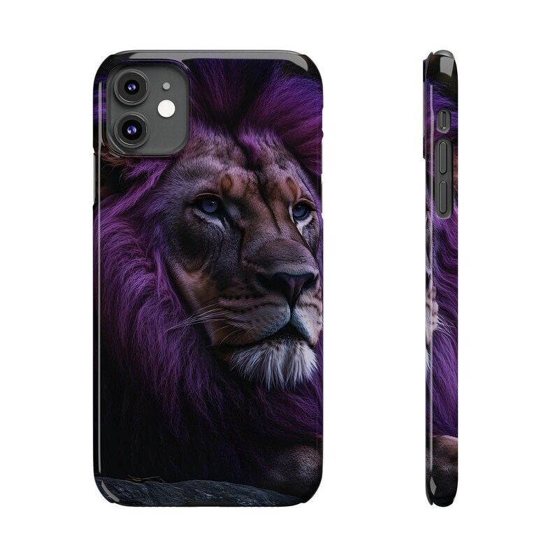 Funda delgada para teléfono con diseño de león de melena morada (compatible con iPhone 11 y 13) imagen 2
