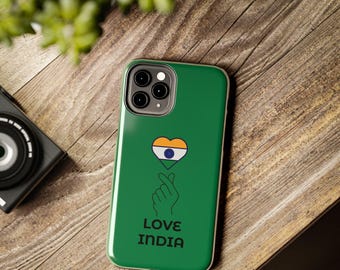 Love India Heart Phone Case: Glossy Green with Indian Flag Design