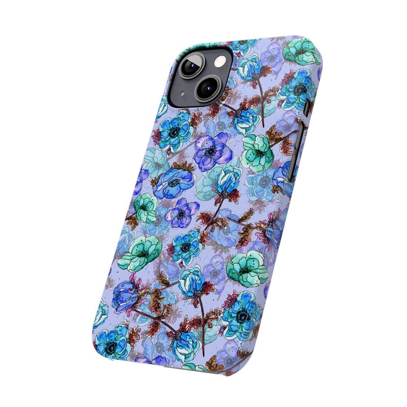 Slim telefoonhoesje met bloemen, blauwgroen waterverf (past op iPhone 14/11) afbeelding 16