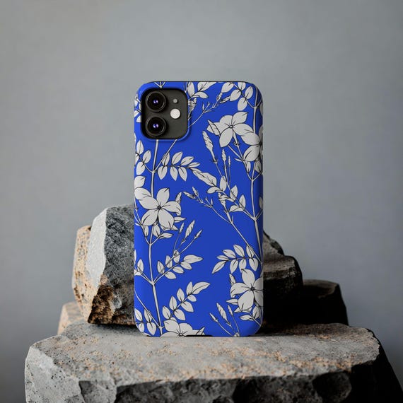 Botanical Slim Phone Case, White Flowers on Blue (Glossy, Lightweight)
