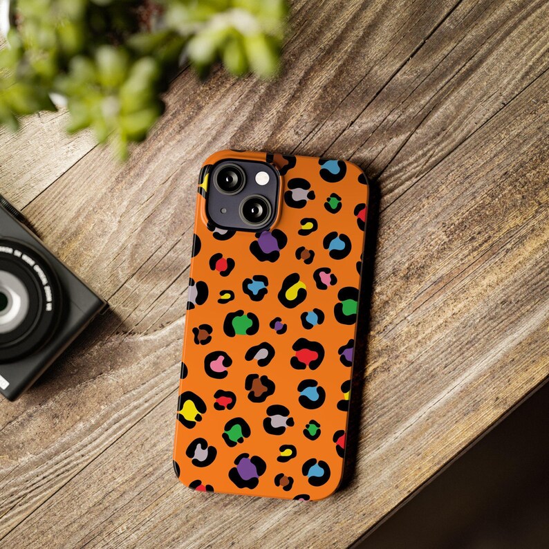 Custodia per telefono con stampa leopardata colorata: macchie arancioni e arcobaleno, vestibilità sottile immagine 17
