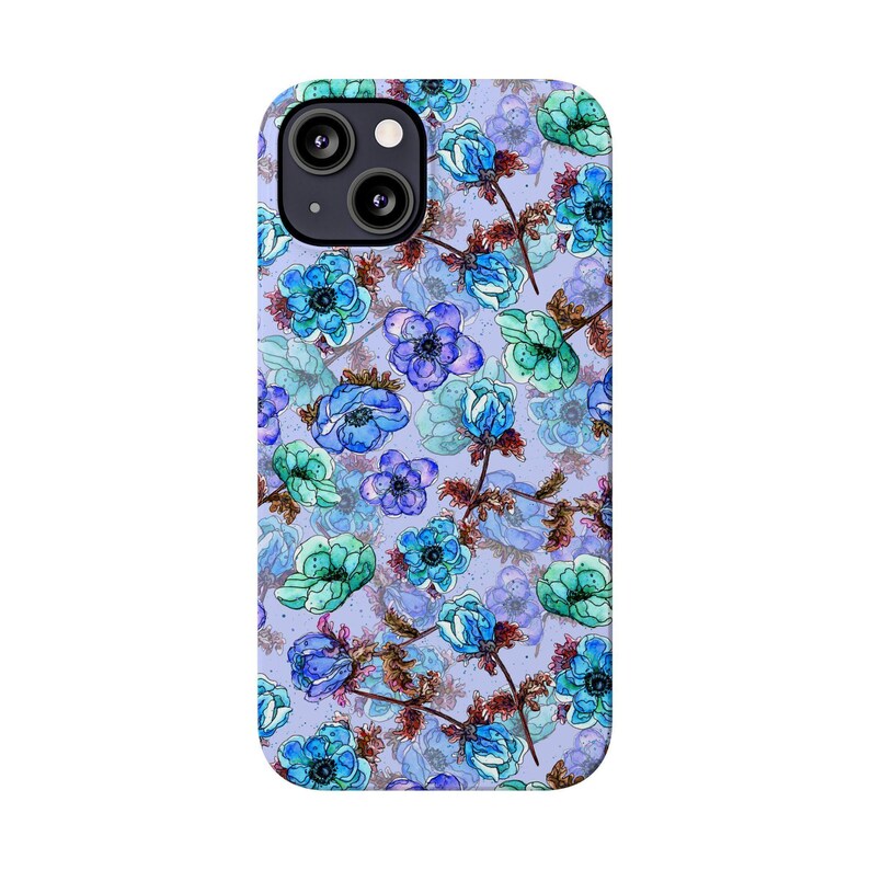 Slim telefoonhoesje met bloemen, blauwgroen waterverf (past op iPhone 14/11) afbeelding 15