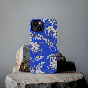 Botanical Slim Phone Case, White Flowers on Blue (Glossy, Lightweight) image 18