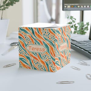 Custom Name Watercolor Waves Note Cube Animal Print Personalized Desk Notepad Gift for Chic Office Worker, Gen Z Vibes Gift, Cool Desk Decor